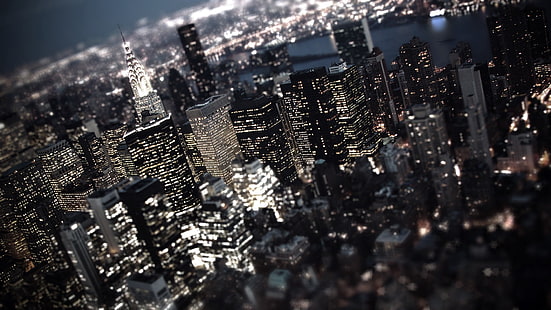 Крайслер Тауэр, фотографирование наклона и смещения в центре Нью-Йорка, городской пейзаж, сдвиг наклона, небоскреб, огни, Нью-Йорк, HD обои HD wallpaper