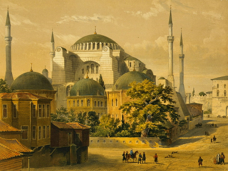 Mosquées, Hagia Sophia, dôme, mosquée, peinture, turquie, Fond d'écran HD
