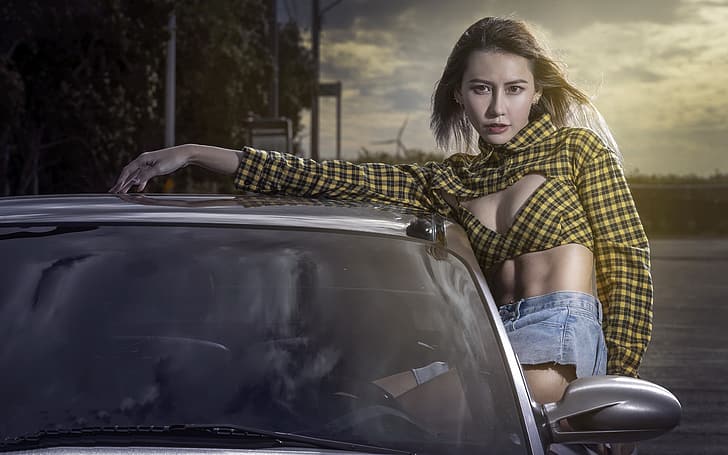 women, Asian, car, vehicle, women with cars, model, looking at viewer, Plaid Clothing, HD wallpaper