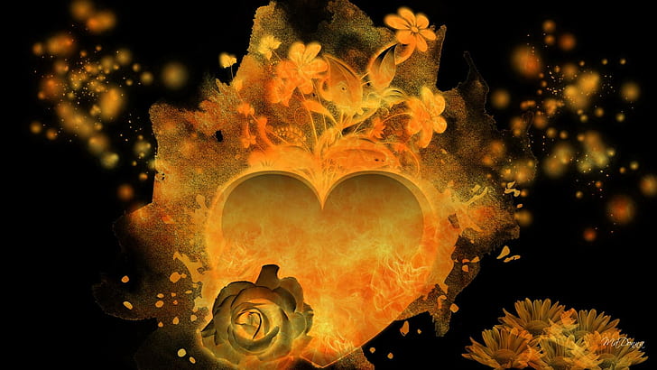 Herz auf Feuer, Herz mit orange Blumenillustration, Rosen, Rauch, Blumen, Zusammenfassung, Herz, Flamme, Feuer, Liebe, Valentinstag, 3d und Zusammenfassung, HD-Hintergrundbild