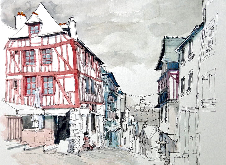 the city, street, figure, France, home, watercolor, Dinan, HD wallpaper