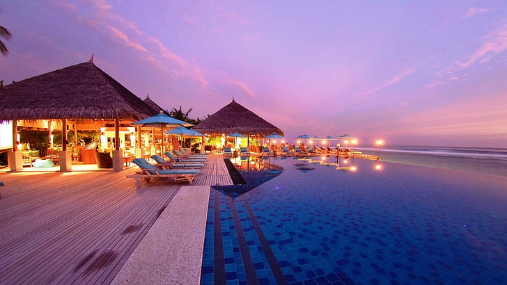 Мальдивы, Курорты-Пейзаж HD Wallpaper, пляжный коттедж, HD обои