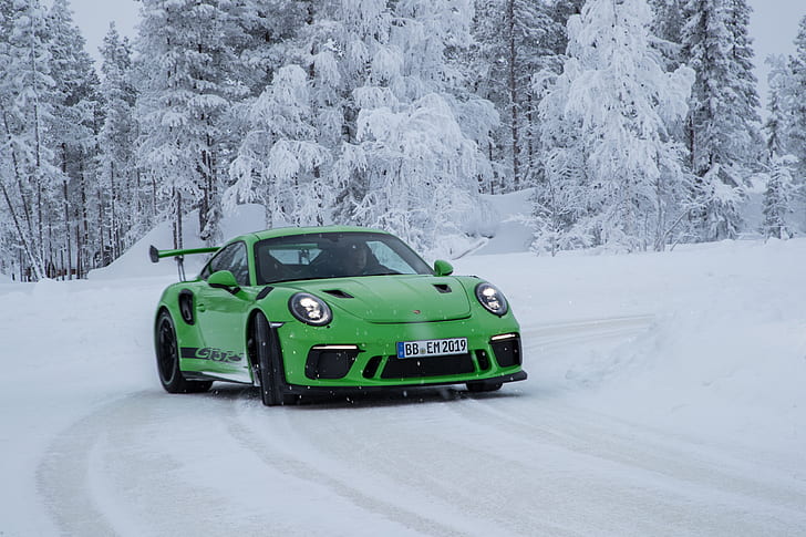 Porsche, Porsche 911 GT3, Автомобиль, Зеленый Автомобиль, Porsche 911, Porsche 911 GT3 RS, Снег, Спорткар, Автомобиль, Зима, HD обои