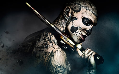 hombre que sostiene el fondo de pantalla de la pistola, Rick Genest, 47 Ronin, hombres, pistola, Rico the Zombie, tatuaje, anillos en la nariz, películas, Fondo de pantalla HD HD wallpaper