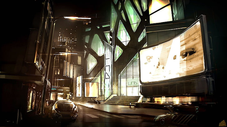 coklat atas meja kayu berbingkai kaca, cyberpunk, Deus Ex: Human Revolution, concept art, Wallpaper HD