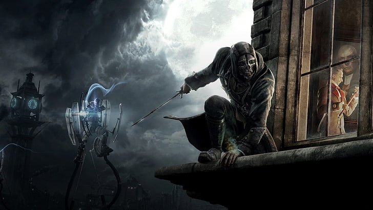 Szkielet trzymający miecz tapeta, Dishonored, gry wideo, steampunk, grafika, grafiki koncepcyjne, Tapety HD