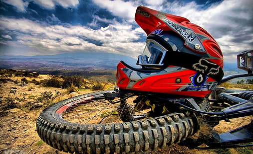 Motocross, czerwony kask integralny, wyścigi motocyklowe, motocross, Tapety HD HD wallpaper