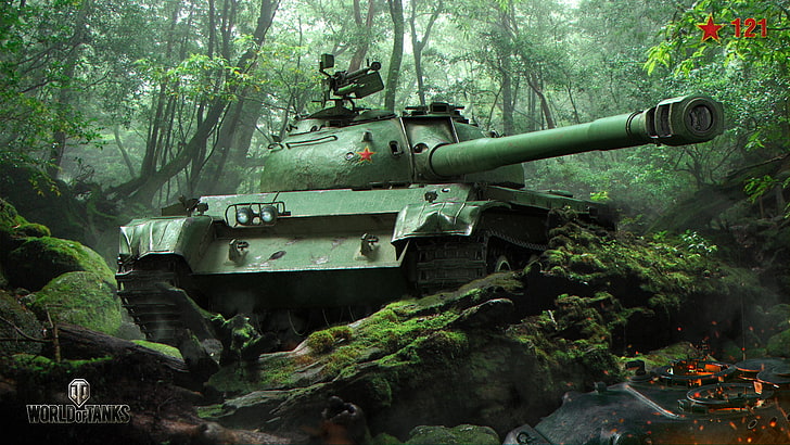 grüner Kampfpanzer, Grüns, Wald, Bäume, Steine, Moos, Hinterhalt, Panzer, Chinese, Durchschnitt, World of Tanks, 121, HD-Hintergrundbild