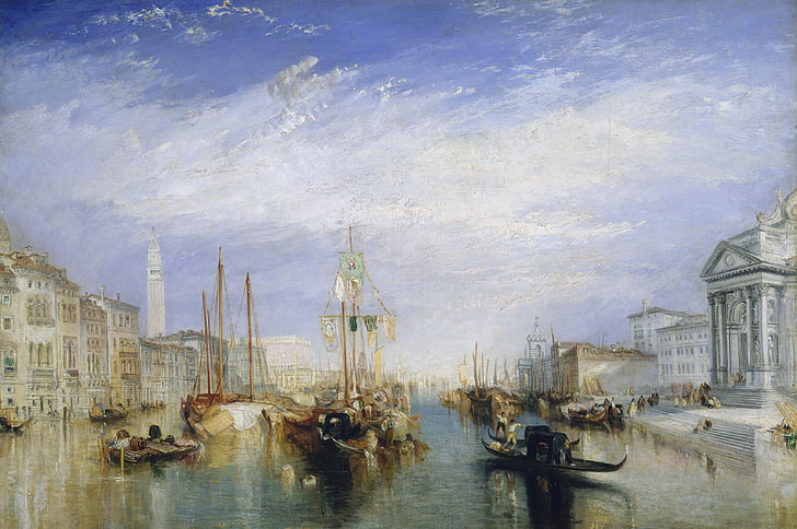 malowanie kilku łodzi, morze, dom, obraz, łodzie, kanał, Wenecja, krajobraz miejski, William Turner, z ganku Madonna della Salute, Tapety HD