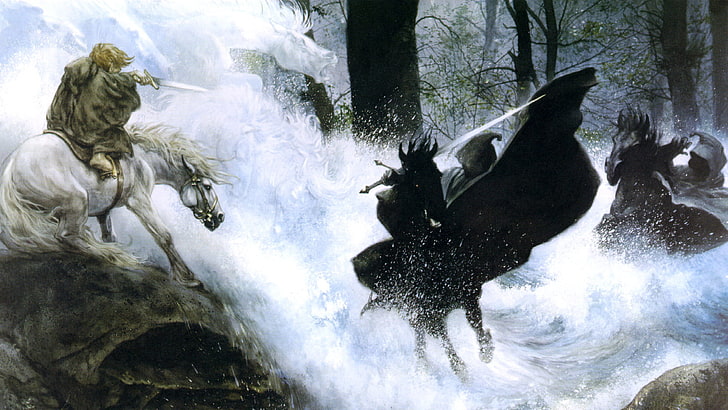 ilustração de várias pessoas montando cavalos, O Senhor dos Anéis, Terra-média, arte de fantasia, Nazgûl, obras de arte, espada, cavalo, HD papel de parede