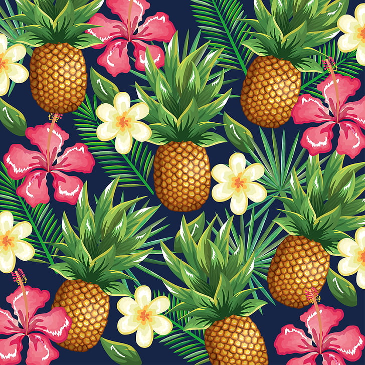 flowers, background, pineapple, pattern, tropical, tropic, floral, HD wallpaper