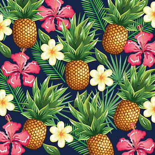  flowers, background, pineapple, pattern, tropical, tropic, floral, HD wallpaper HD wallpaper