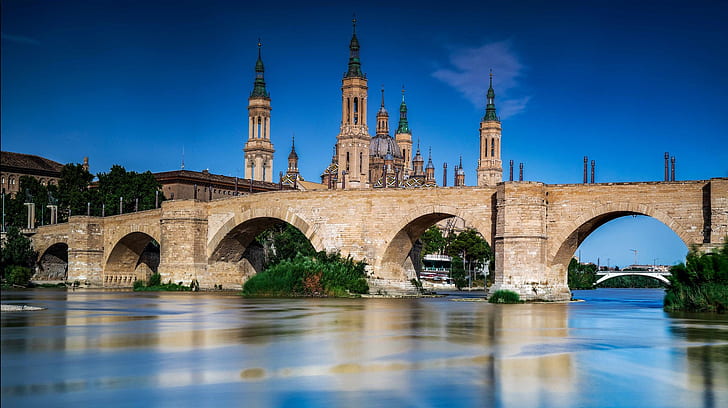 bridge, river, temple, Spain, Zaragoza, Stone bridge, The River Ebro, Ebro River, Stone bridge Bridge, Cathedral-Basilica of Our Lady of the Pillar, HD wallpaper