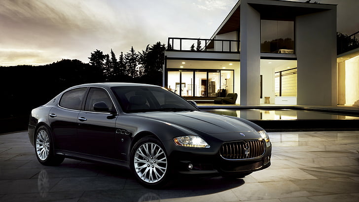 black sedan near white concrete house, Maserati Quattroporte, supercar, luxury cars, sports car, front, review, test drive, black, HD wallpaper