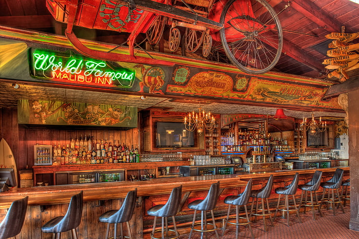 World Famous Malibu Inn neon signage, bar, TV, chairs, drinks, stand, infamous, pub, alcohol., malibu, HD wallpaper