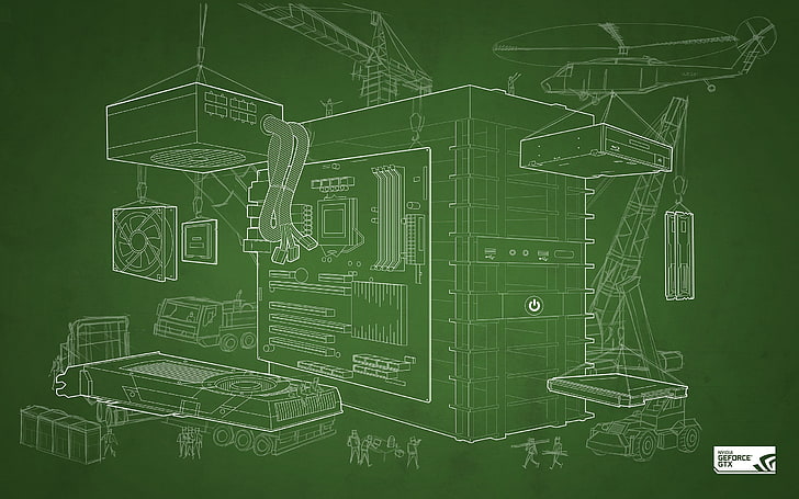 constructing computer tower illustration, Nvidia, GPUs, blueprints, computer, construction site, simple background, technology, HD wallpaper