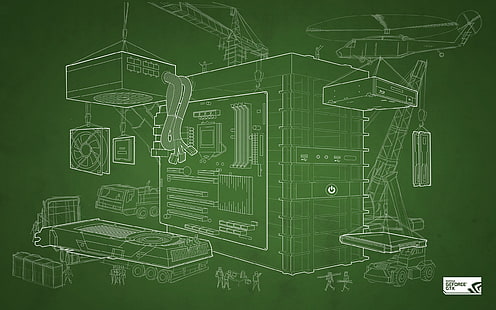 constructing computer tower illustration, Nvidia, GPUs, blueprints, computer, construction site, simple background, technology, HD wallpaper HD wallpaper