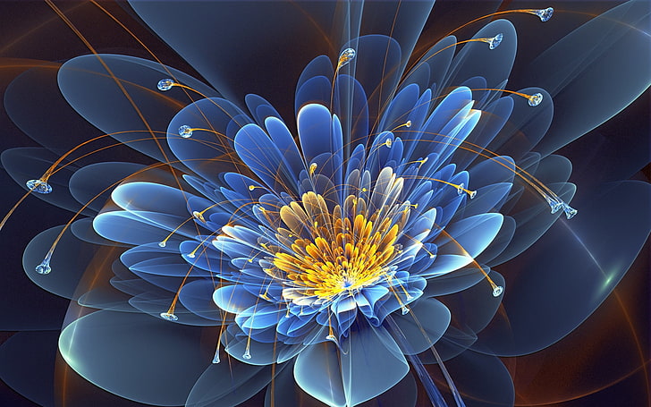 blue and yellow flower digital wallpaper, flower, fractal, petals, HD wallpaper