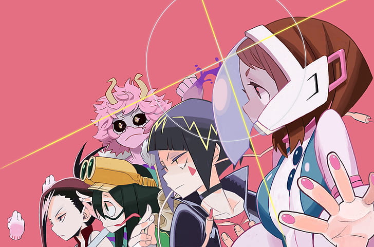 Boku no Hero Academia, аниме момичета, Tsuyu Asui, Yaoyorozu Momo, Uraraka Ochako, Jirō Kyōka, Ashido Mina, Hagakure Tōru, HD тапет