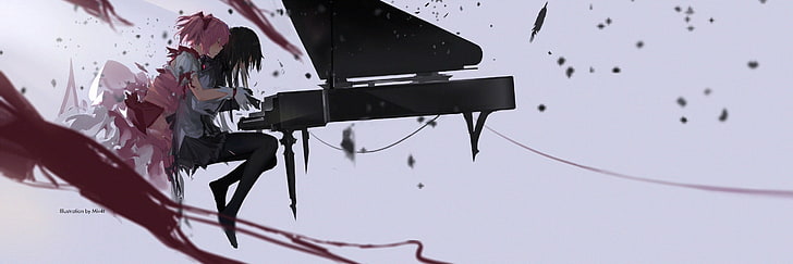 struttura in metallo nero e grigio, Mahou Shoujo Madoka Magica, Akemi Homura, Kaname Madoka, pianoforte, Sfondo HD