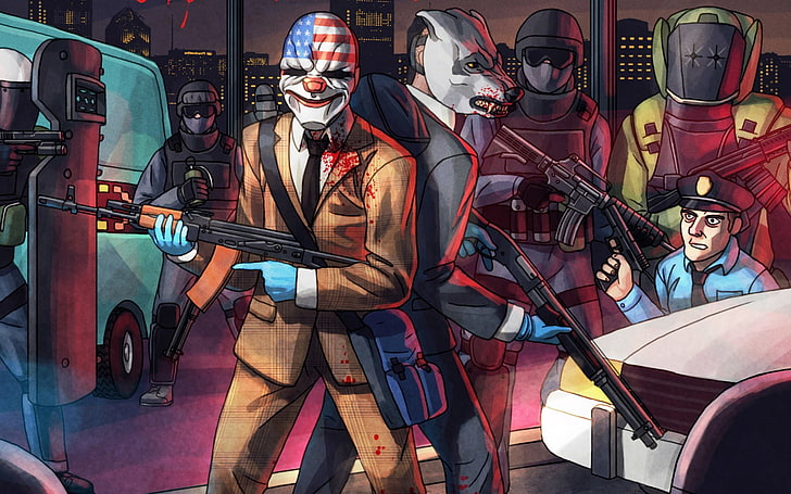 Payday game graphics, payday 2, overkill software, starbreeze studios ab, dallas, wolf, hotline miami, HD wallpaper