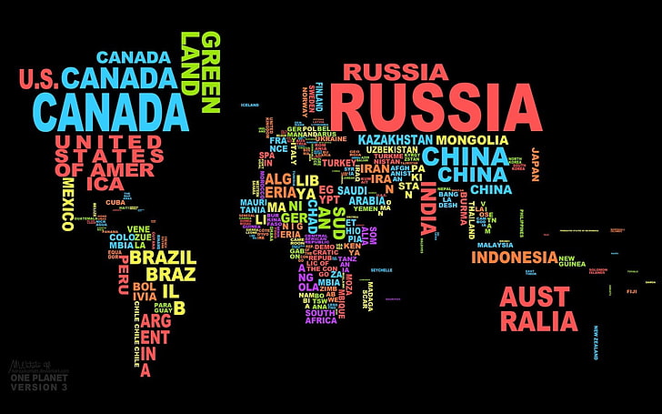 black background with text overlay, map, typography, colorful, world, world map, Russia, word clouds, black background, digital art, simple background, HD wallpaper