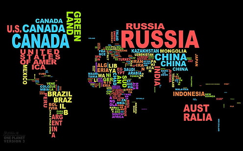 black background with text overlay, map, typography, colorful, world, world map, Russia, word clouds, black background, digital art, simple background, HD wallpaper HD wallpaper