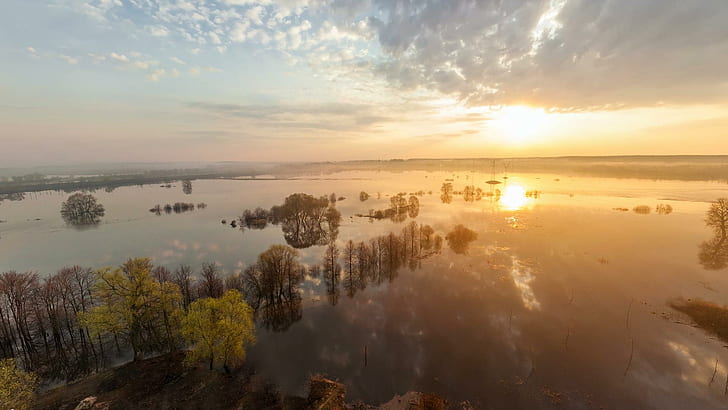 Sunset On Flooded Lscape, trees, flood, clouds, electric poles, sunset, nature and landscapes, HD wallpaper