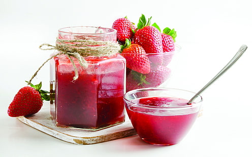 strawberries and strawberry jam jar, jam, strawberries, berries, jar, HD wallpaper HD wallpaper
