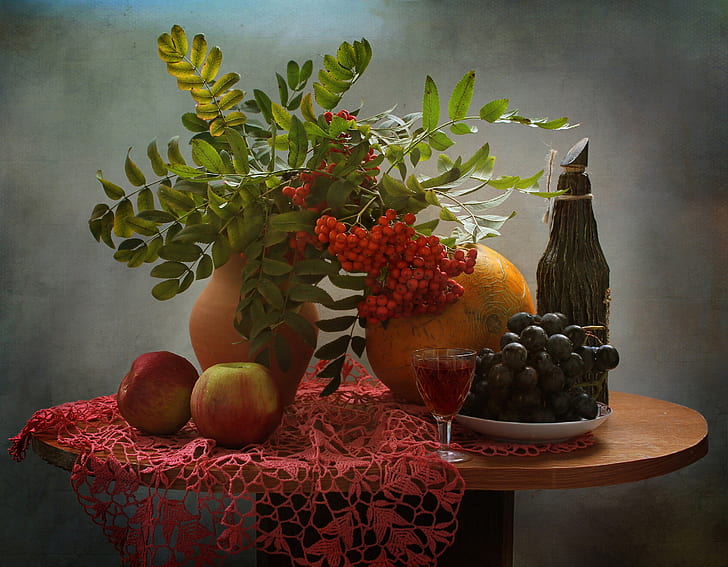 branches, table, background, wine, apples, glass, bottle, berry, plate, grapes, vase, still life, red, Rowan, tablecloth, melon, HD wallpaper