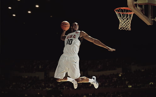 бяла баскетболна фланелка на САЩ 10, Коби Брайънт, баскетбол, САЩ, отбор, HD тапет HD wallpaper