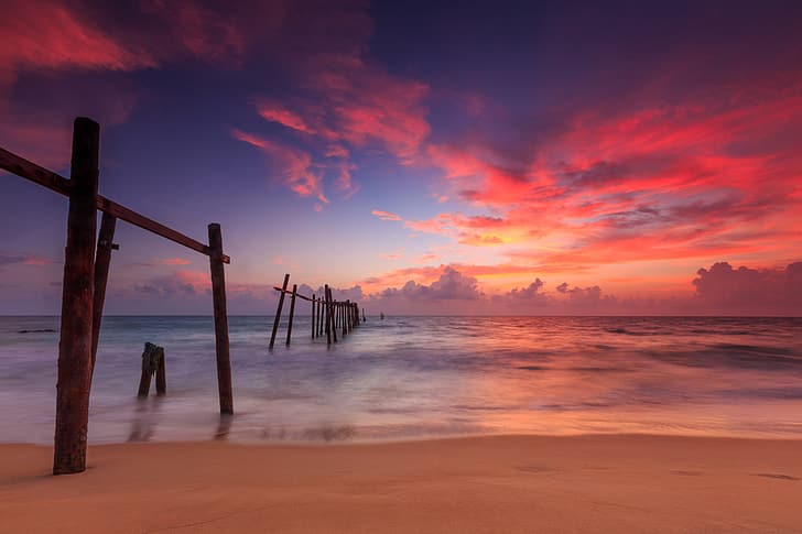 ทราย ทะเล คลื่น ชายหาด ฤดูร้อน พระอาทิตย์ตก สีชมพู ซีสเคป สวย สีม่วง, วอลล์เปเปอร์ HD