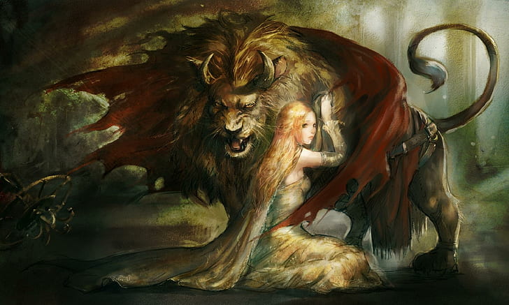 Lion Protecting Princess, drawing, princess, beast, woman fantasy, lion, 3d and abstract, HD wallpaper