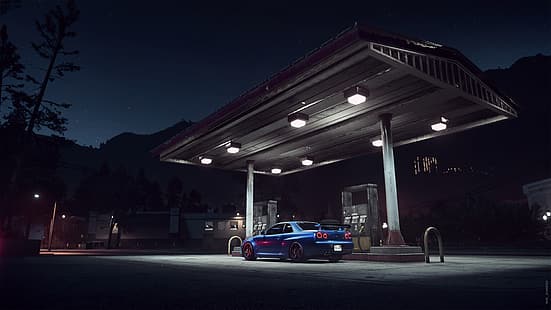  nightscape, Nissan, Nissan Skyline R34, night, gas station, Need for Speed, video game art, screen shot, mountains, nature, car, vehicle, Mikhail Sharov, HD wallpaper HD wallpaper
