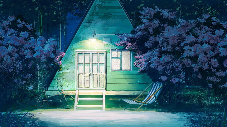 ilustração de casa bege e preto, bicicleta, redes, árvores, triângulo, noite estrelada, verão eterno, luzes, ArseniXC, HD papel de parede