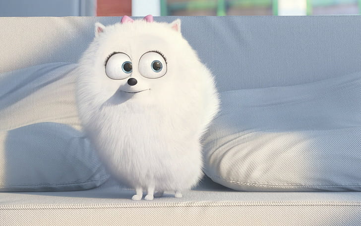 The Secret Life of Pets, white dog animation, Animal, white, Dog, Movie, Film, puppy, family, Adventure, cinema, couch, drawing, Comedy, cartoon, The Secret Life of Pets, Gigi, official, graphic animation, Universal Pictures, Illumination Entertainment, leash, pad, living room, big eyes, white fur, hair top, Jenny Slate, pet, HD wallpaper