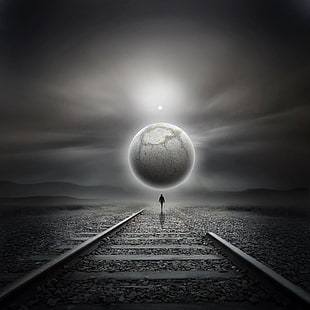 السكك الحديدية ، صورة ظلية ، الشعور بالوحدة ، الفن ، الكوكب ، المستقبل ، السريالية، خلفية HD HD wallpaper