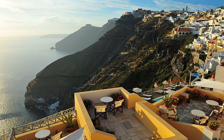 Beautiful Santorini, view, house, mountains, santorini, blue, beautiful, nature and landscapes, HD wallpaper