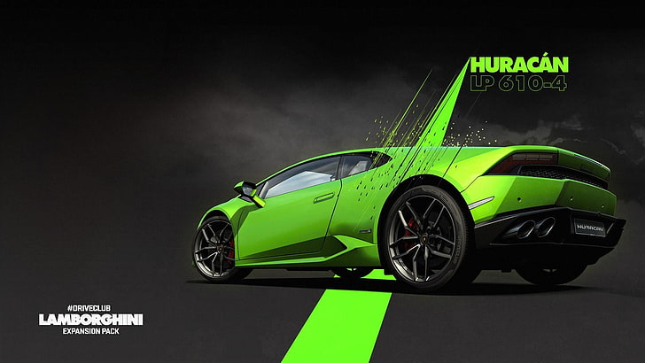 green Lamborghini Huracan coupe, Driveclub, video games, Lamborghini, Lamborghini Huracan LP 610-4 , green cars, green, car, HD wallpaper