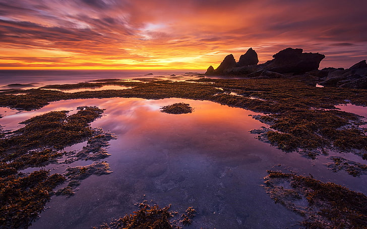 Bali Indonésie Shore Rocks Морска трева Червено небе Облаци Пейзаж Залез Desktop Hd Wallpaper за компютър Tablet и Mobile 3840 × 2400, HD тапет