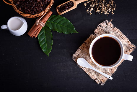 листья, фон, кофе, напиток, кофейные зерна, HD обои HD wallpaper