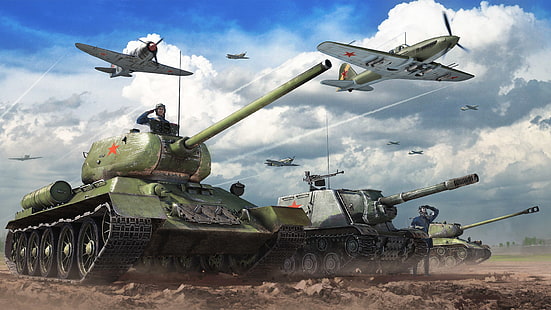 зеленые боевые танки и бипланы, обои, небо, облака, истребитель, земля, железо, ствол, ссср, авиация, танки, ИСУ-152, ПТ-САУ, ситуация, Т-34-85, War Thunder, Gaijin Entertainment, танкэсминец, средний танк, тяжелый танк, пыль, танкеры, HD обои HD wallpaper