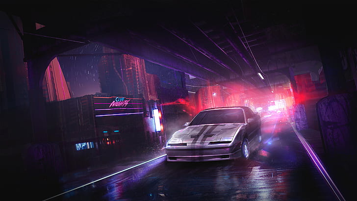 Night club, Racing car, Neon lights, HD wallpaper