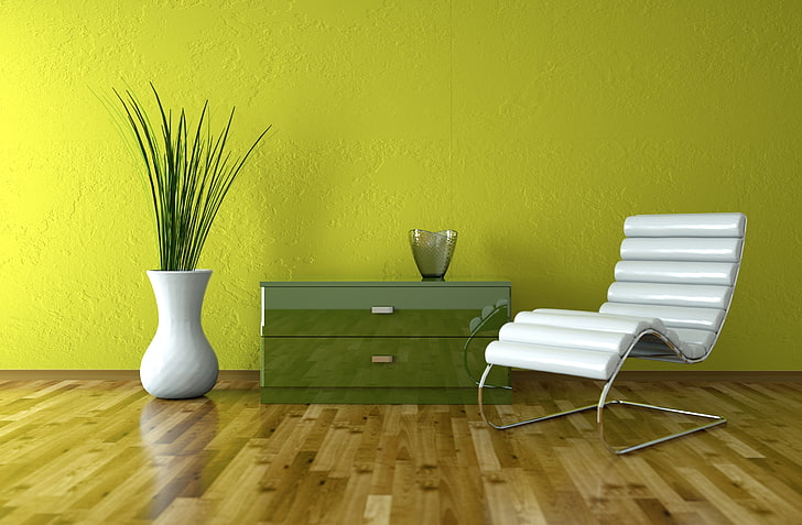 zielona drewniana komoda z 2 szufladami i biały wazon podłogowy, wazon, wnętrze, skórzane krzesło, stylowy design, zielona ściana, Tapety HD