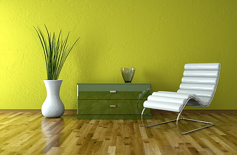 خزانة ذات درجين من الخشب الأخضر ومزهرية أرضية بيضاء ، مزهرية ، داخلية ، كرسي جلدي ، تصميم أنيق ، جدار أخضر، خلفية HD HD wallpaper