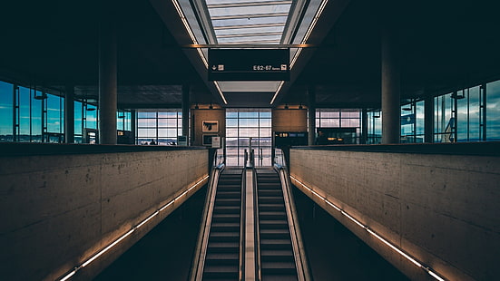 black escalator, escalator, airport, HD wallpaper HD wallpaper