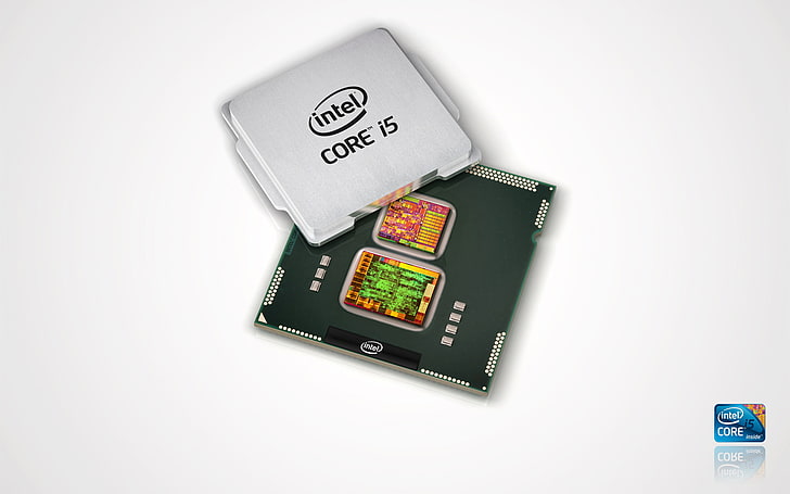 сребърен процесор Intel Core i5 за настолни компютри, Intel, завъртане на лого, Intel Core i5, HD тапет