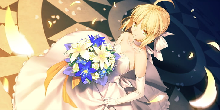 fate series, saber alter, bride, wedding dress, flower bouquet, fate stay night, Anime, HD wallpaper