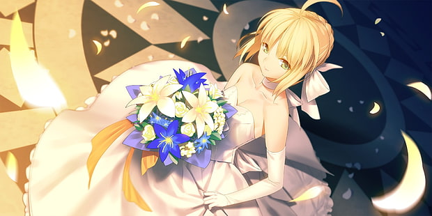 seri nasib, saber alter, pengantin, gaun pengantin, karangan bunga, nasib menginap, Anime, Wallpaper HD HD wallpaper