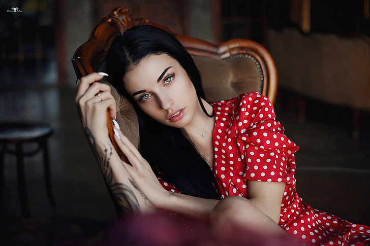 women, Dmitry Arhar, Alla Berger, polka dots, red dress, nose ring, tattoo, portrait, sitting, HD wallpaper